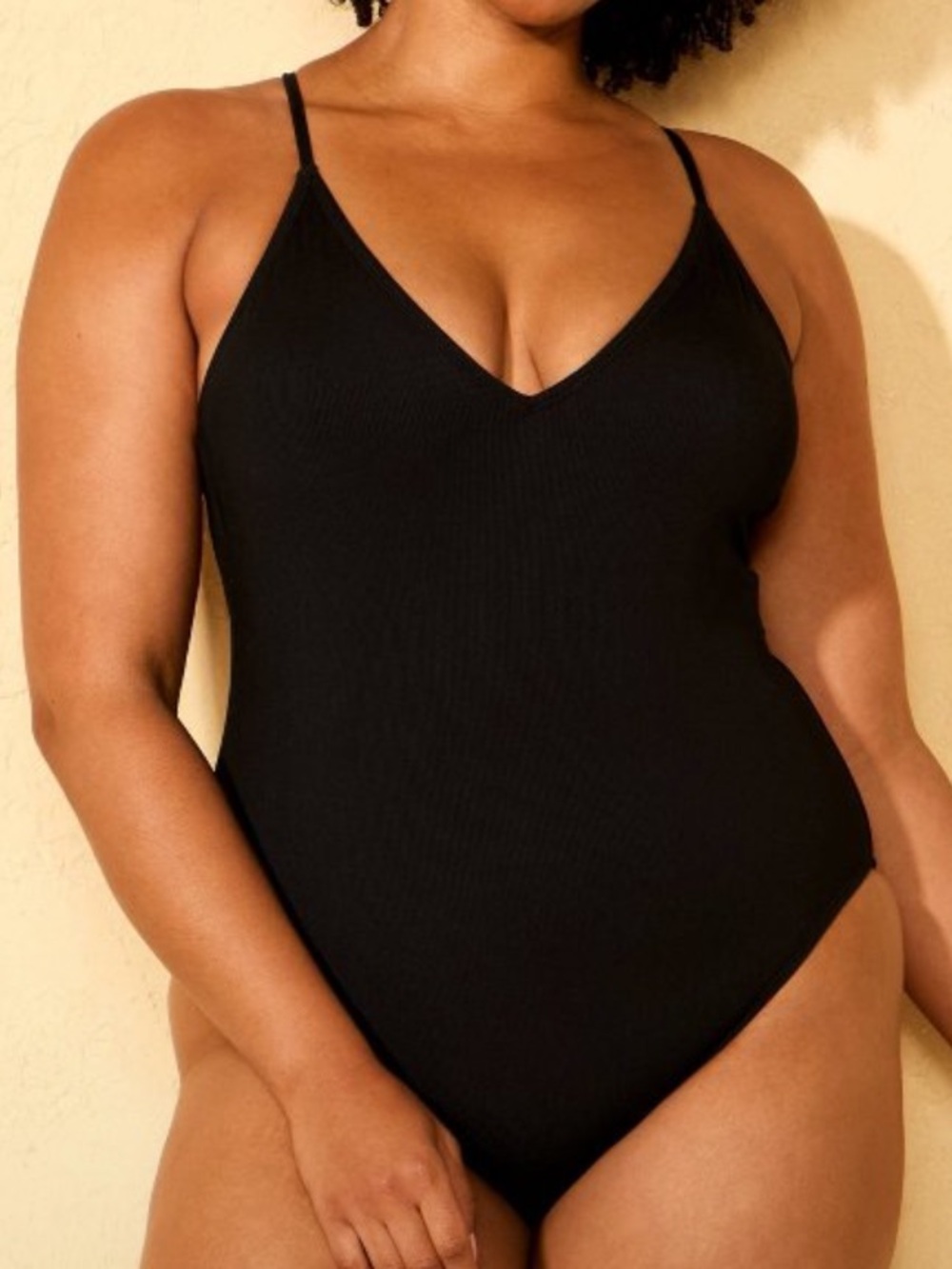 Shade & Shore Black Ribbed V-Neck One-Piece Swimsuit - Women